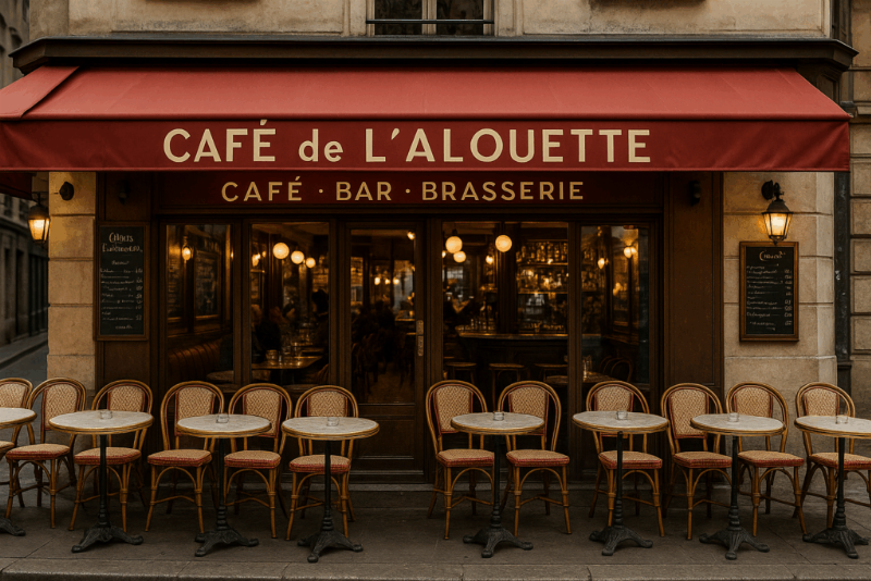 Une ambiance de café parisien typique, avec des gens dégustant leur café en terrasse, incarnant l’art de vivre.